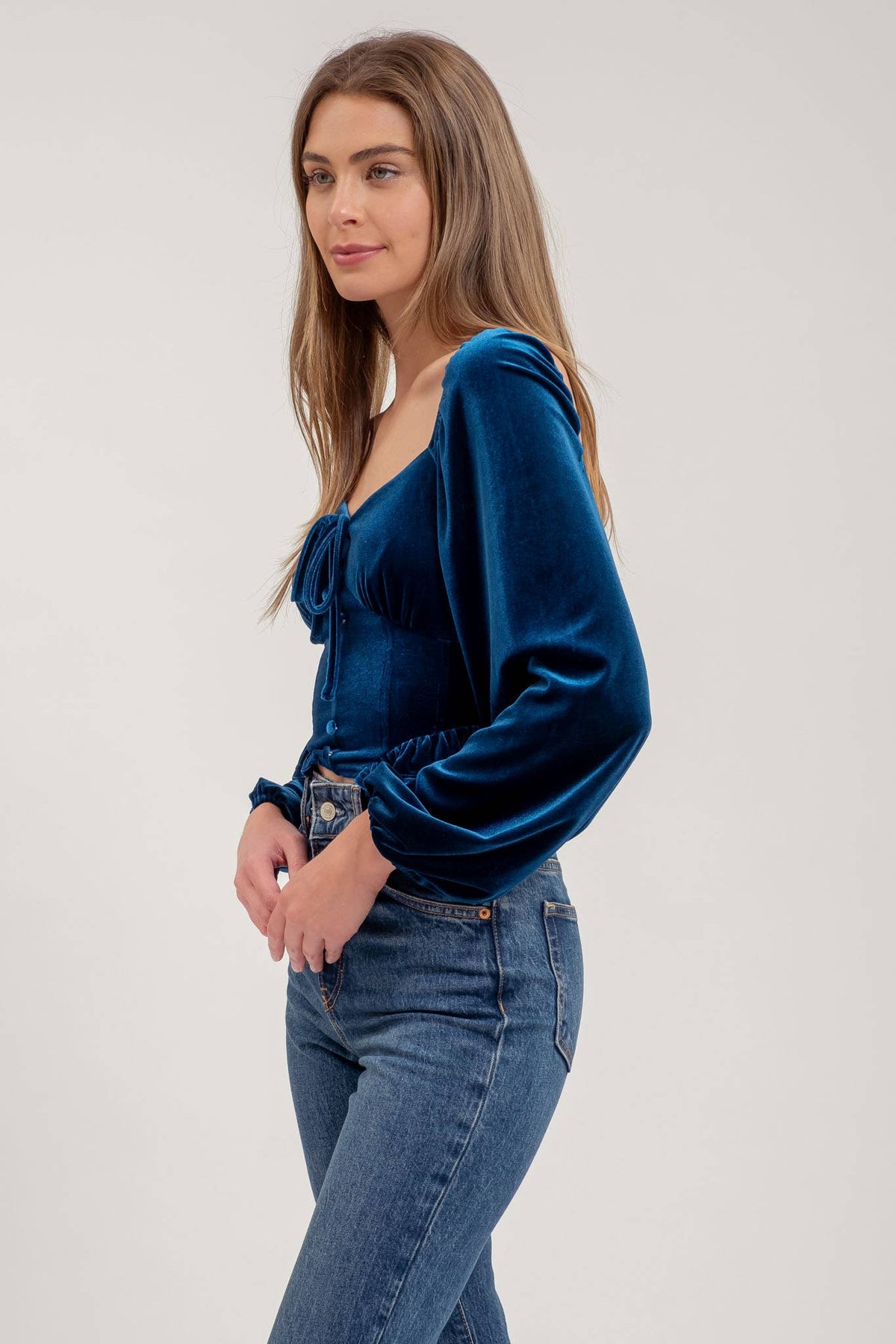 VELVET FRONT TIE BUTTON DOWN LONG SLEEVE CROP TOP: TEAL