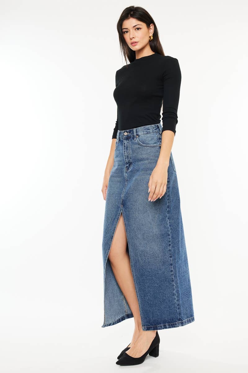 90'S DENIM MAXI SKIRT-KC7868M: MEDIUM / S