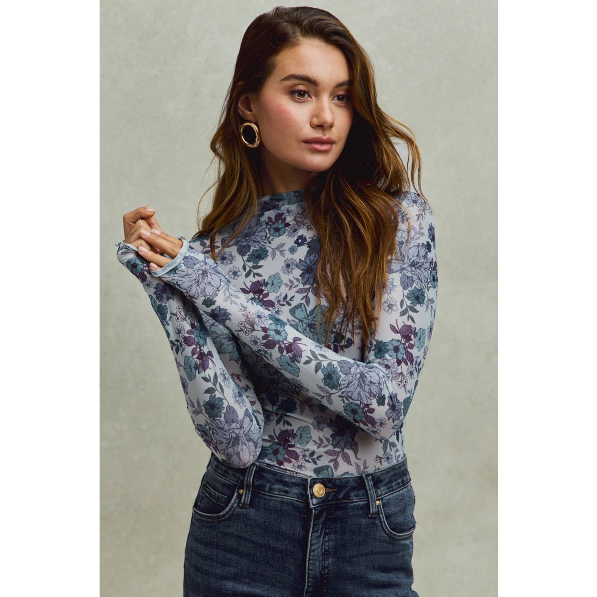 FLORAL PRINT MESH KNIT LONG SLEEVES TOP: OLIVE THYME / L