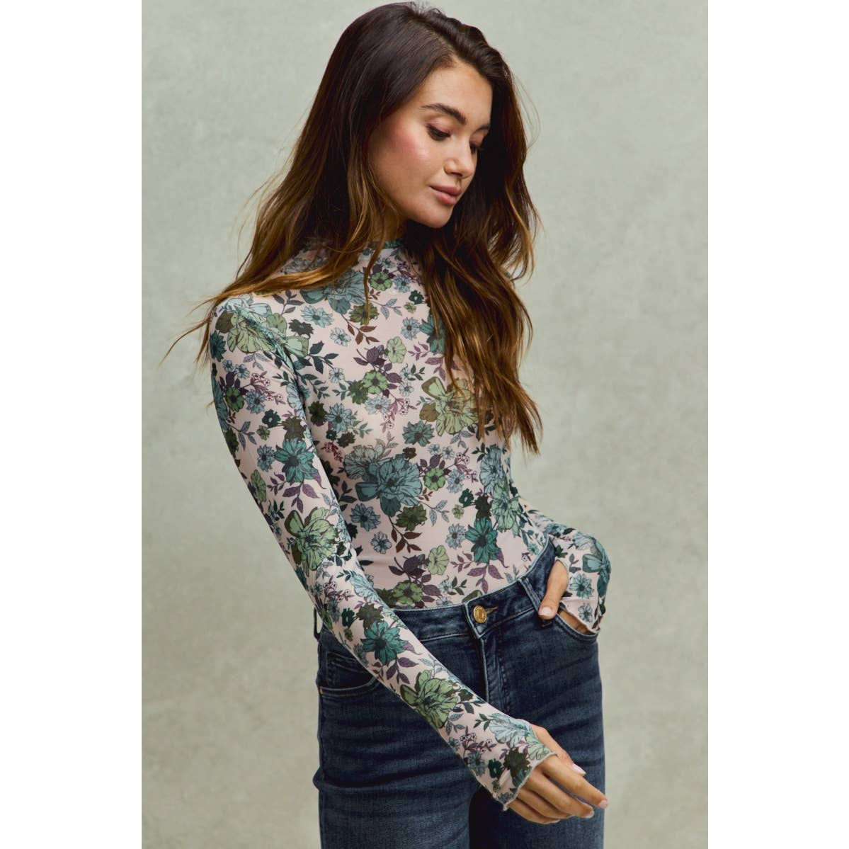 FLORAL PRINT MESH KNIT LONG SLEEVES TOP: OLIVE THYME / S