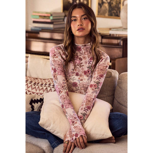 FLORAL PRINT MESH TOP: CLAY ROSE