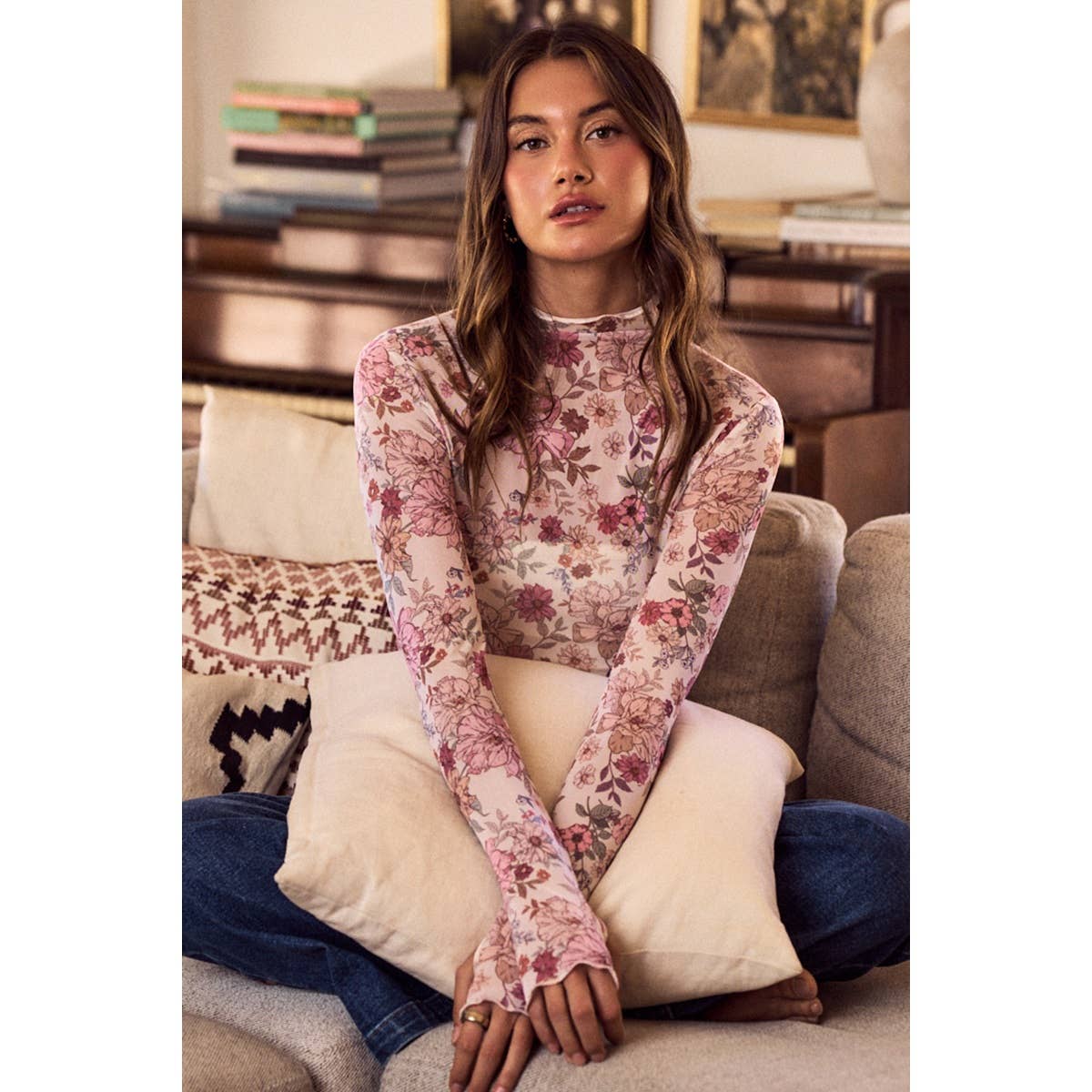 FLORAL PRINT MESH KNIT LONG SLEEVES TOP: OLIVE THYME / M