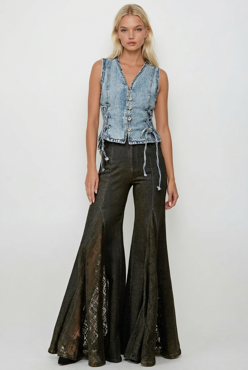 mix media wide leg denim pants