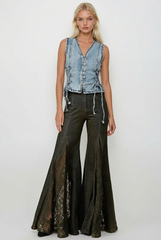 mix media wide leg denim pants