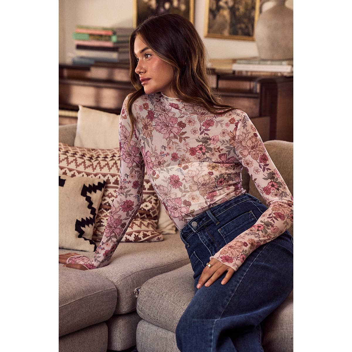 FLORAL PRINT MESH KNIT LONG SLEEVES TOP: OLIVE THYME / L
