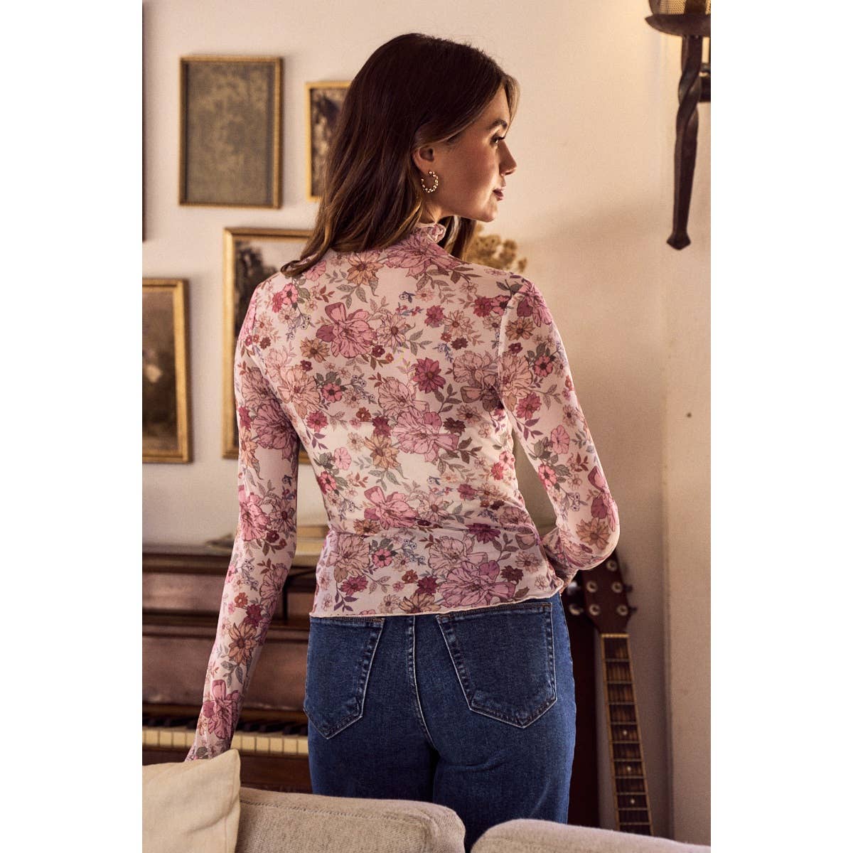 FLORAL PRINT MESH KNIT LONG SLEEVES TOP: OLIVE THYME / S