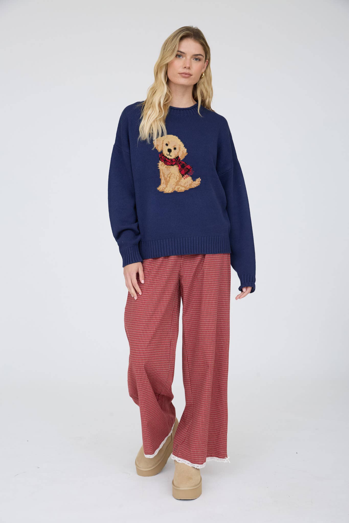 PUPPY CREW NECK RELAXED SWEATER: NAVY