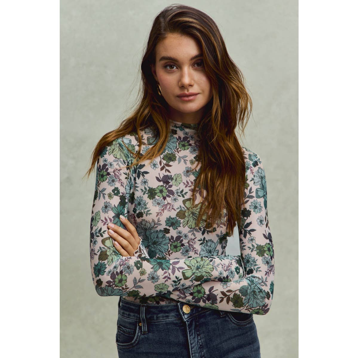 FLORAL PRINT MESH KNIT LONG SLEEVES TOP: OLIVE THYME / M