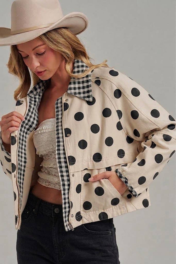 POLKA DOT OXFORD CANVAS FALL JACKET OATMEAL/BLACK / S-M-L(2-2-2)