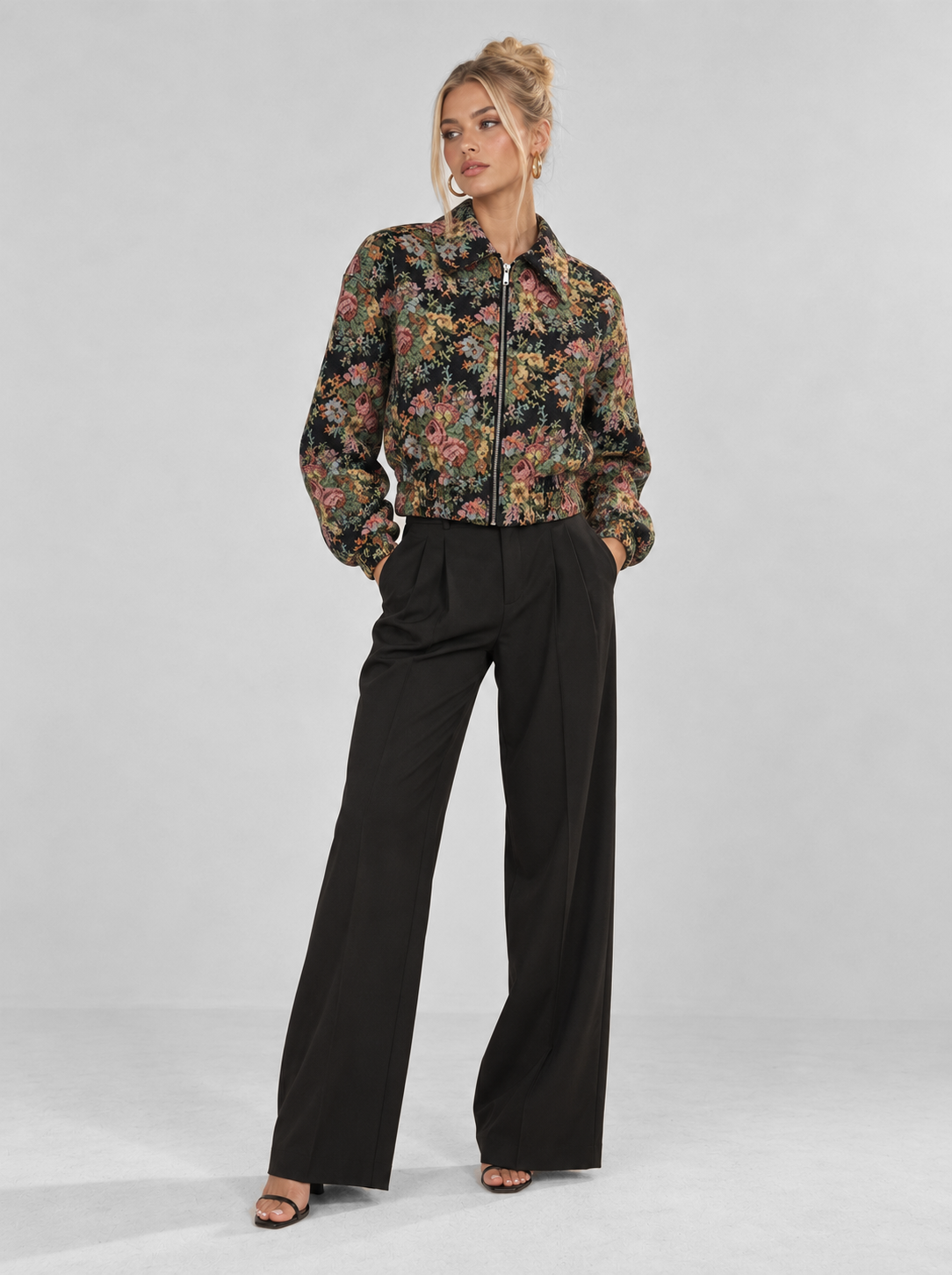 FLORAL PATTERN JACQUARD CROPPED BOMBER JACKET: BLACK