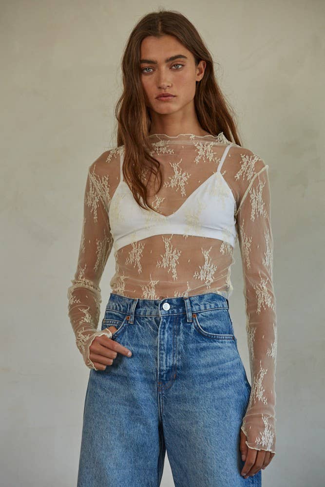 Knit Jacquard Lace Long Sleeve Mock Neck Top: Wine / L