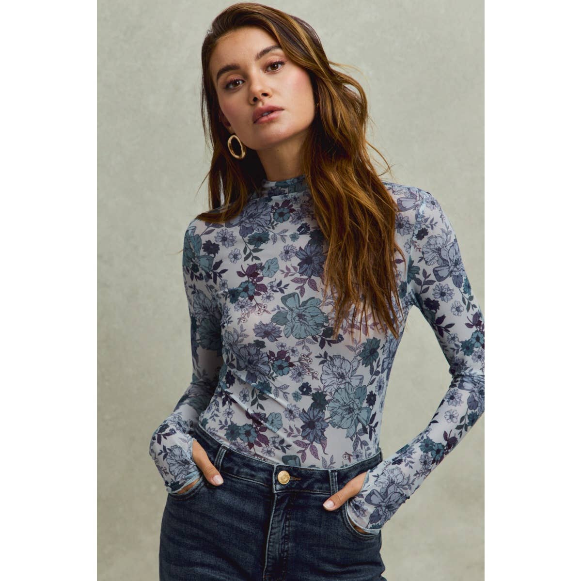 FLORAL PRINT MESH KNIT LONG SLEEVES TOP: OLIVE THYME / S