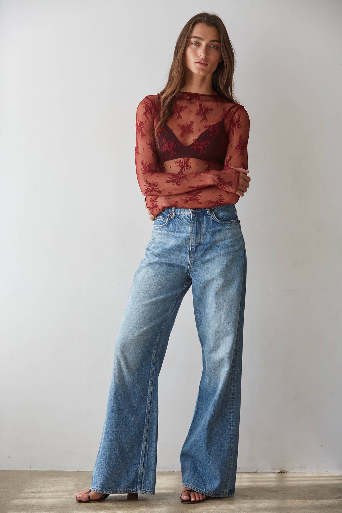 Knit Jacquard Lace Long Sleeve Mock Neck Top: Wine / L