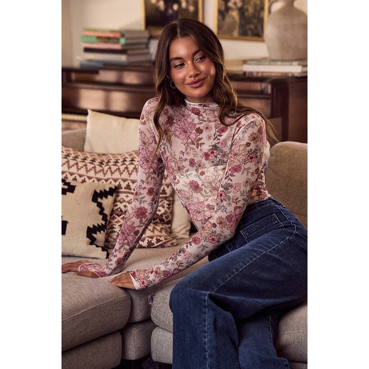FLORAL PRINT MESH KNIT LONG SLEEVES TOP: OLIVE THYME / M