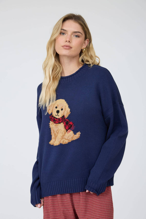 PUPPY CREW NECK RELAXED SWEATER: NAVY
