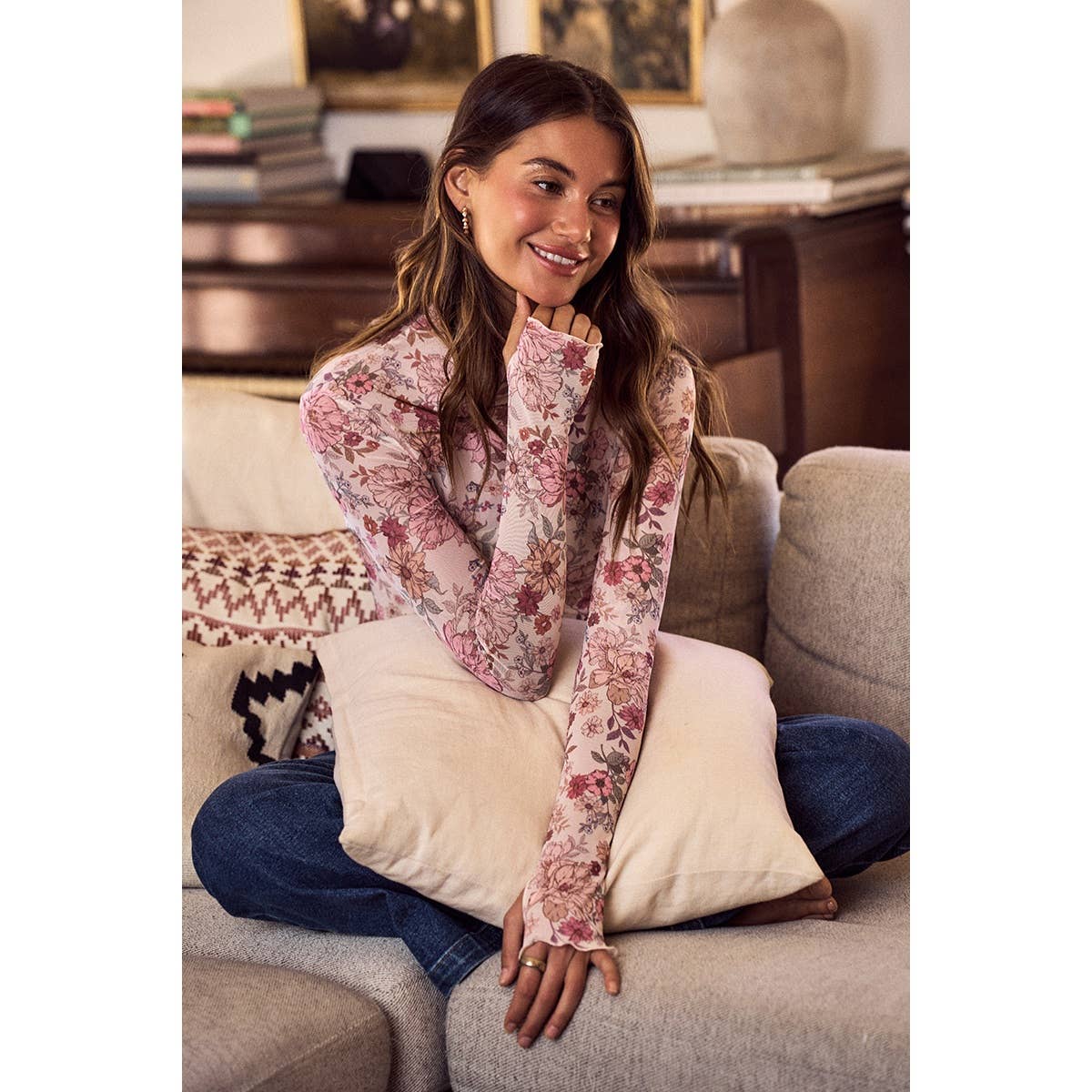 FLORAL PRINT MESH KNIT LONG SLEEVES TOP: OLIVE THYME / S