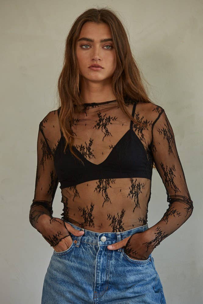Knit Jacquard Lace Long Sleeve Mock Neck Top: Wine / L