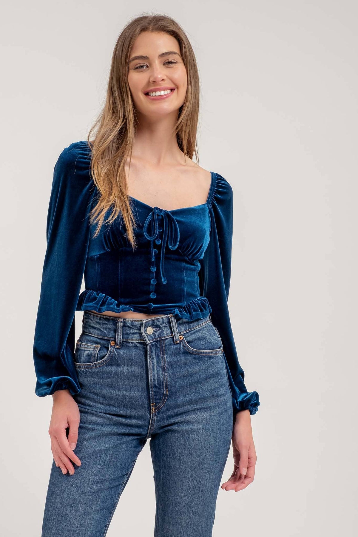 VELVET FRONT TIE BUTTON DOWN LONG SLEEVE CROP TOP: TEAL