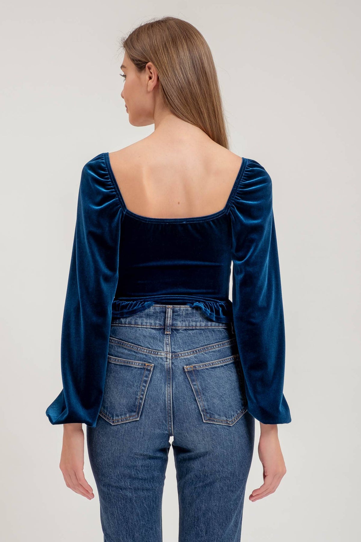 VELVET FRONT TIE BUTTON DOWN LONG SLEEVE CROP TOP: TEAL