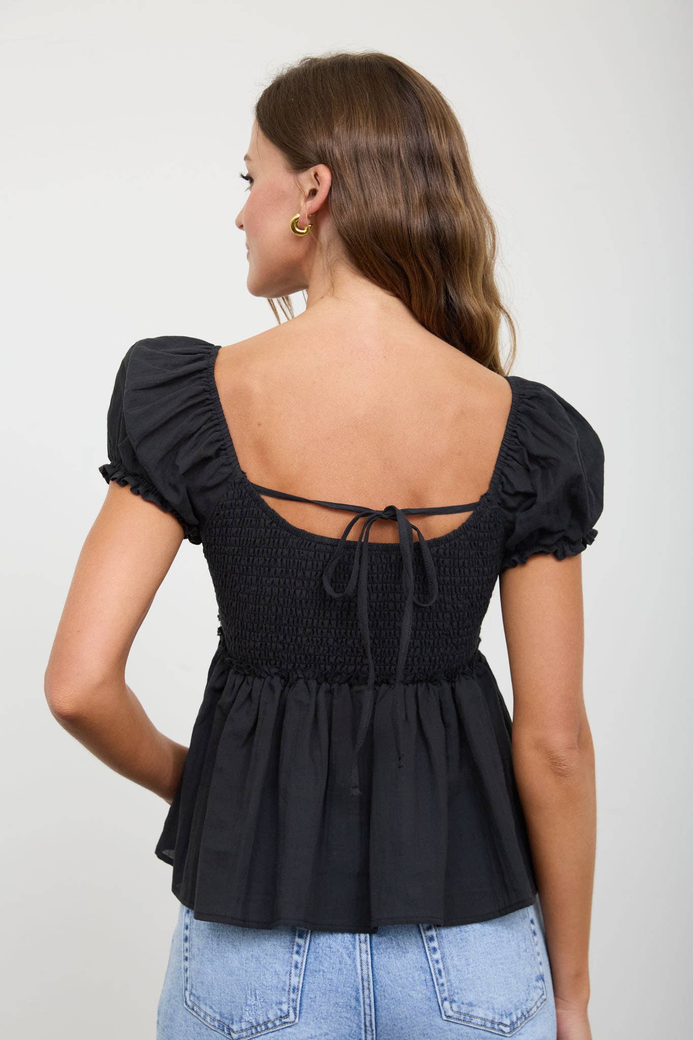 V NECK LACE PUFF SLEEVE BUTTON DOWN TOP : BLACK