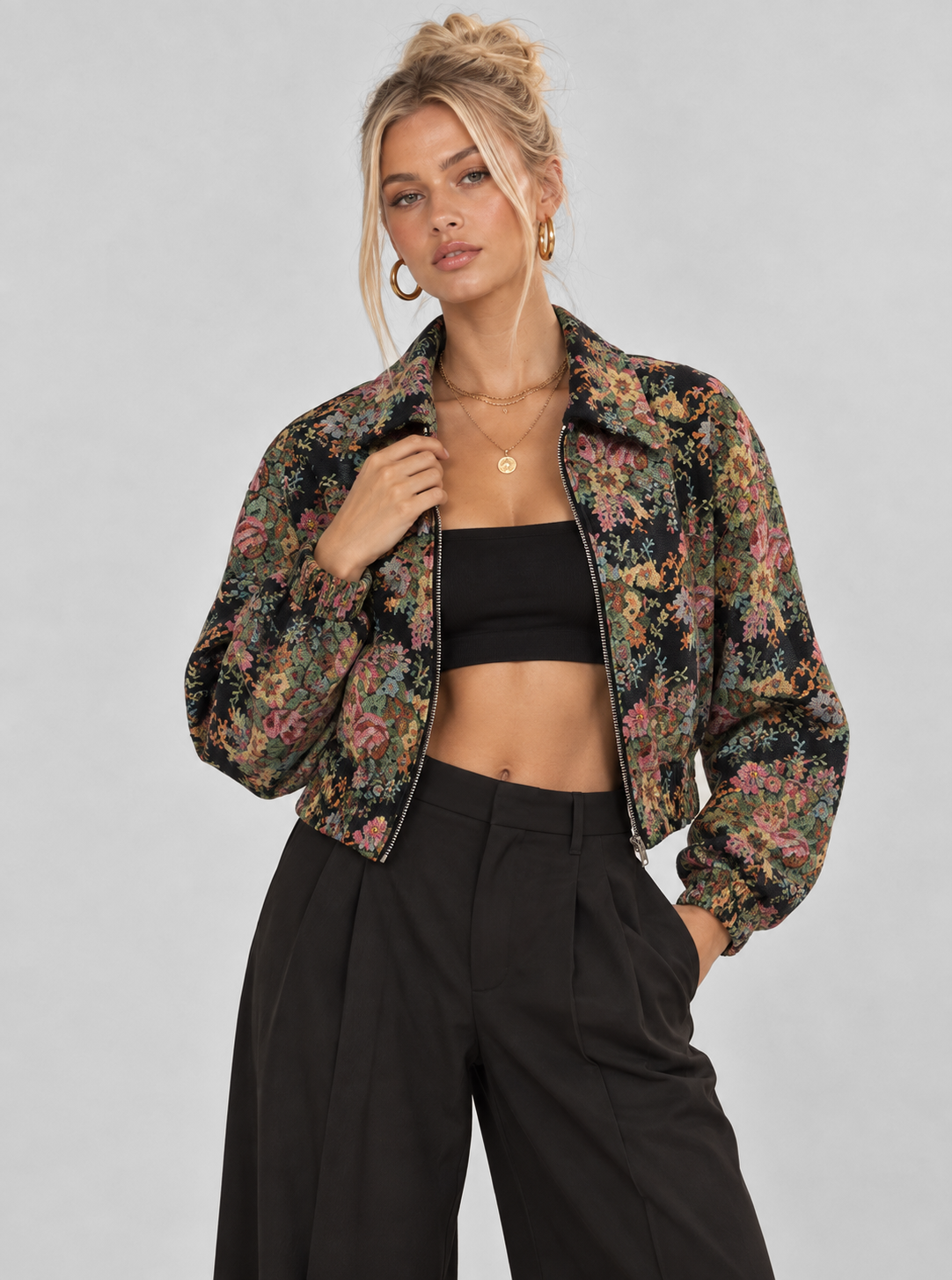 FLORAL PATTERN JACQUARD CROPPED BOMBER JACKET: BLACK