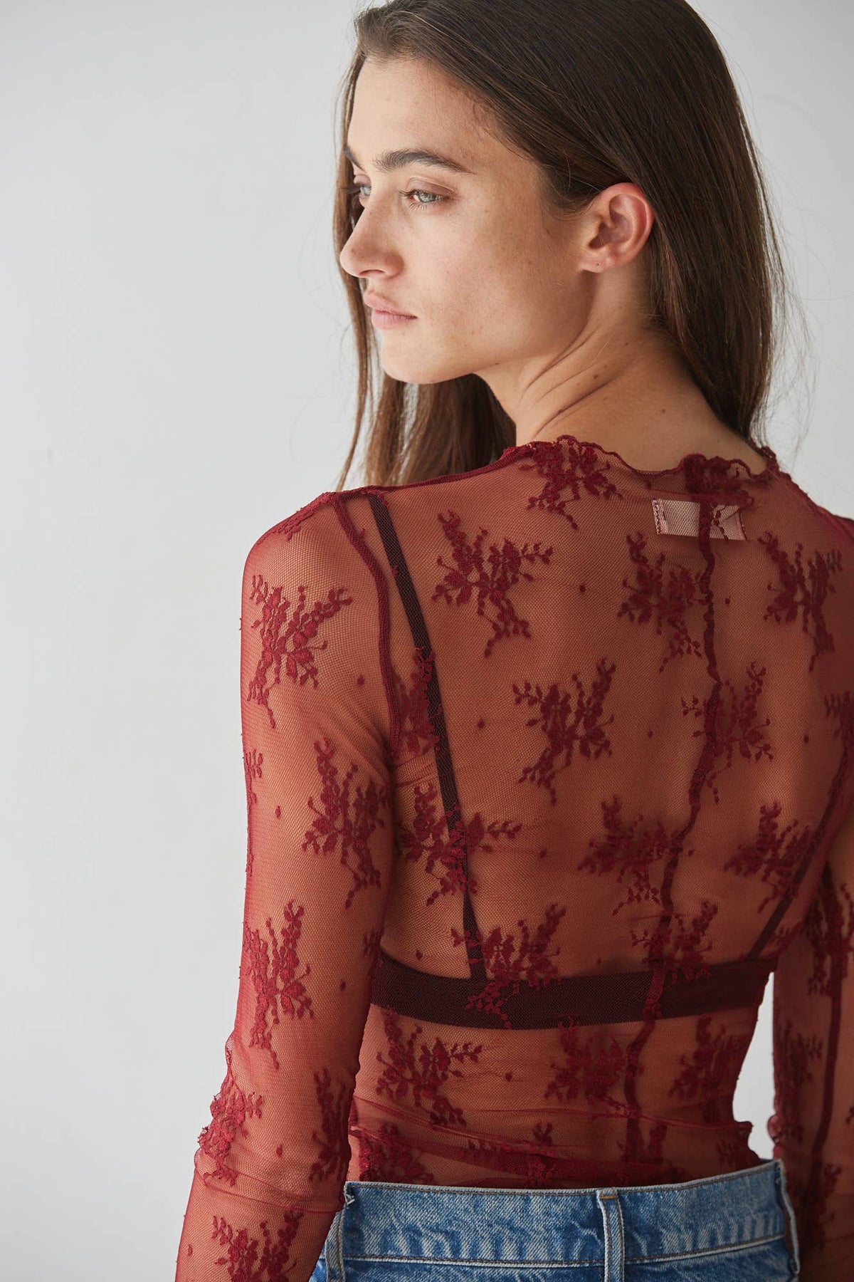 Knit Jacquard Lace Long Sleeve Mock Neck Top: Wine / L