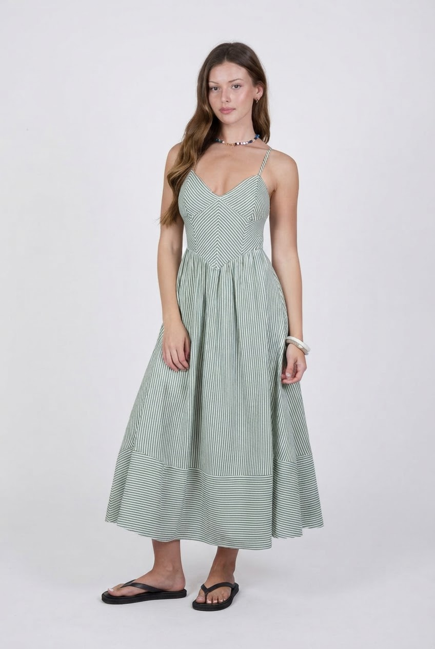 Stripe spaghetti strap basque waist midi dress