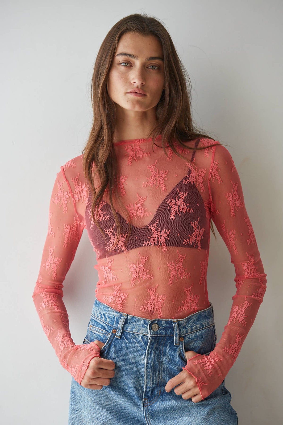 Knit Jacquard Lace Long Sleeve Mock Neck Top: Wine / L