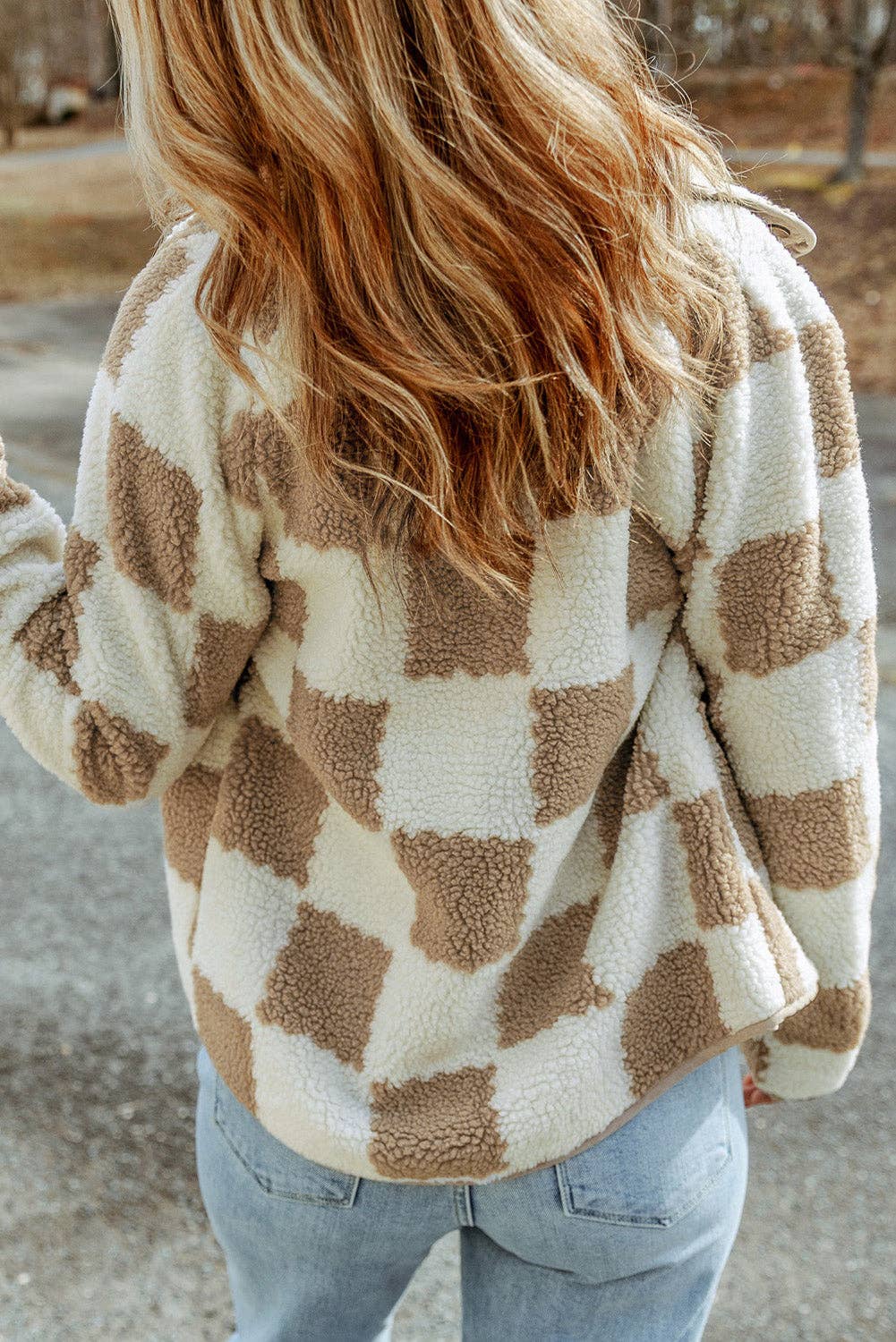 Brown Checked Snap Button Sherpa Jacket: Brown