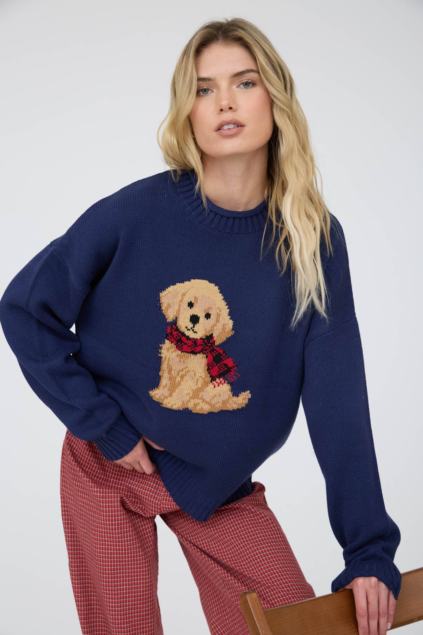 PUPPY CREW NECK RELAXED SWEATER: NAVY
