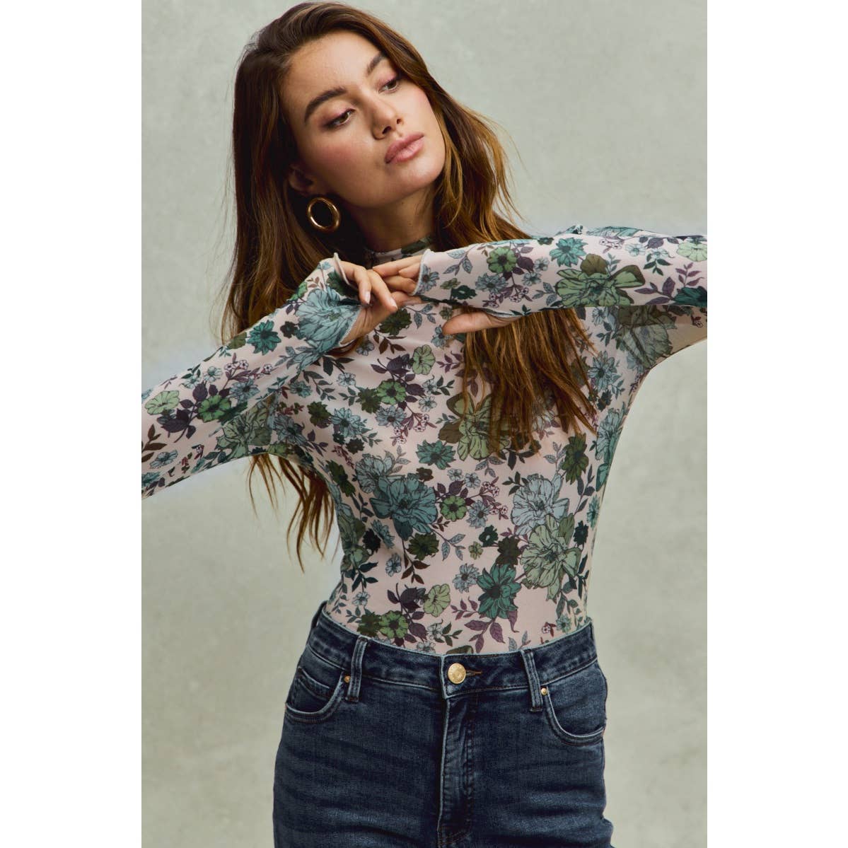 FLORAL MESH KNIT TOP: OLIVE THYME