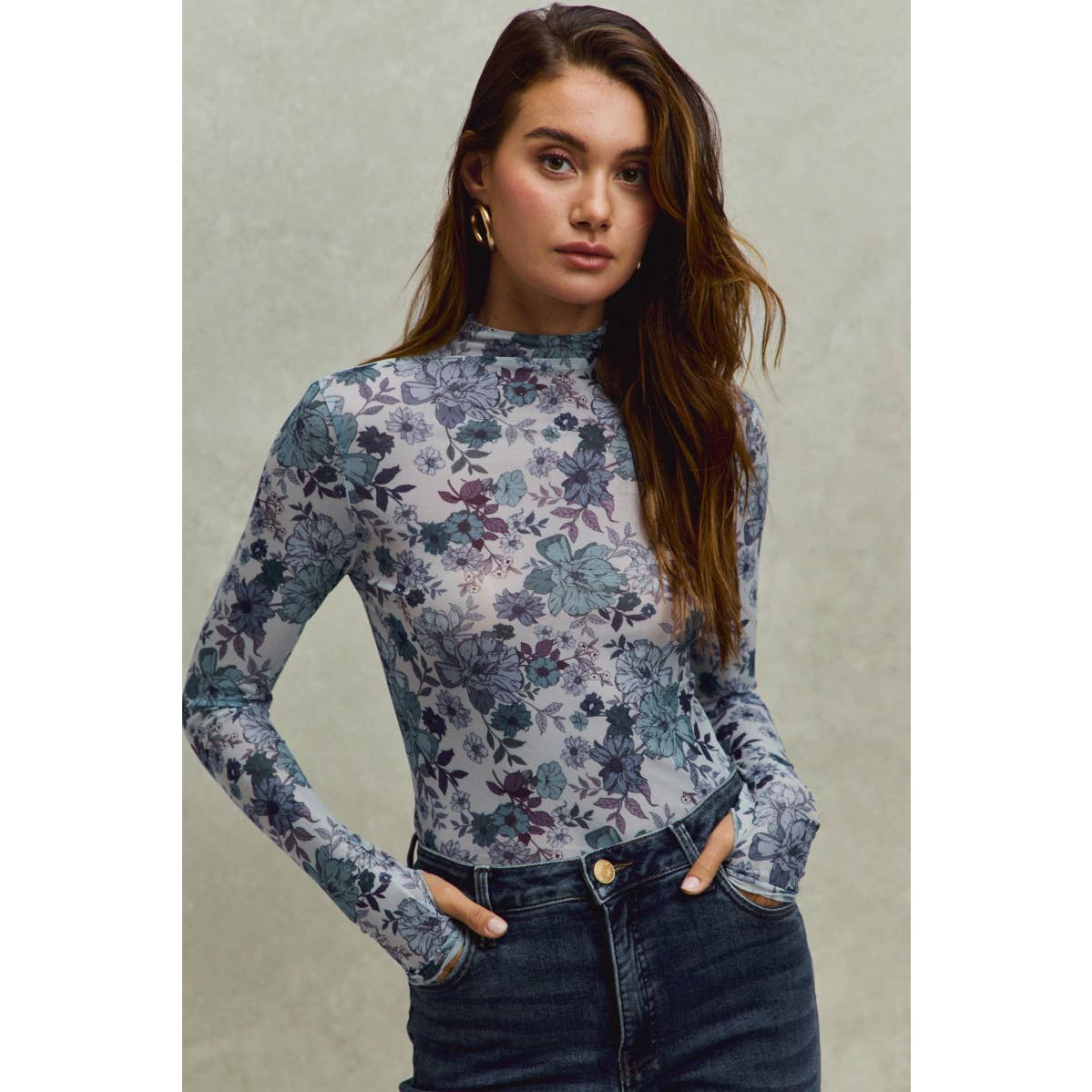 FLORAL PRINT MESH KNIT LONG SLEEVES TOP: OLIVE THYME / M