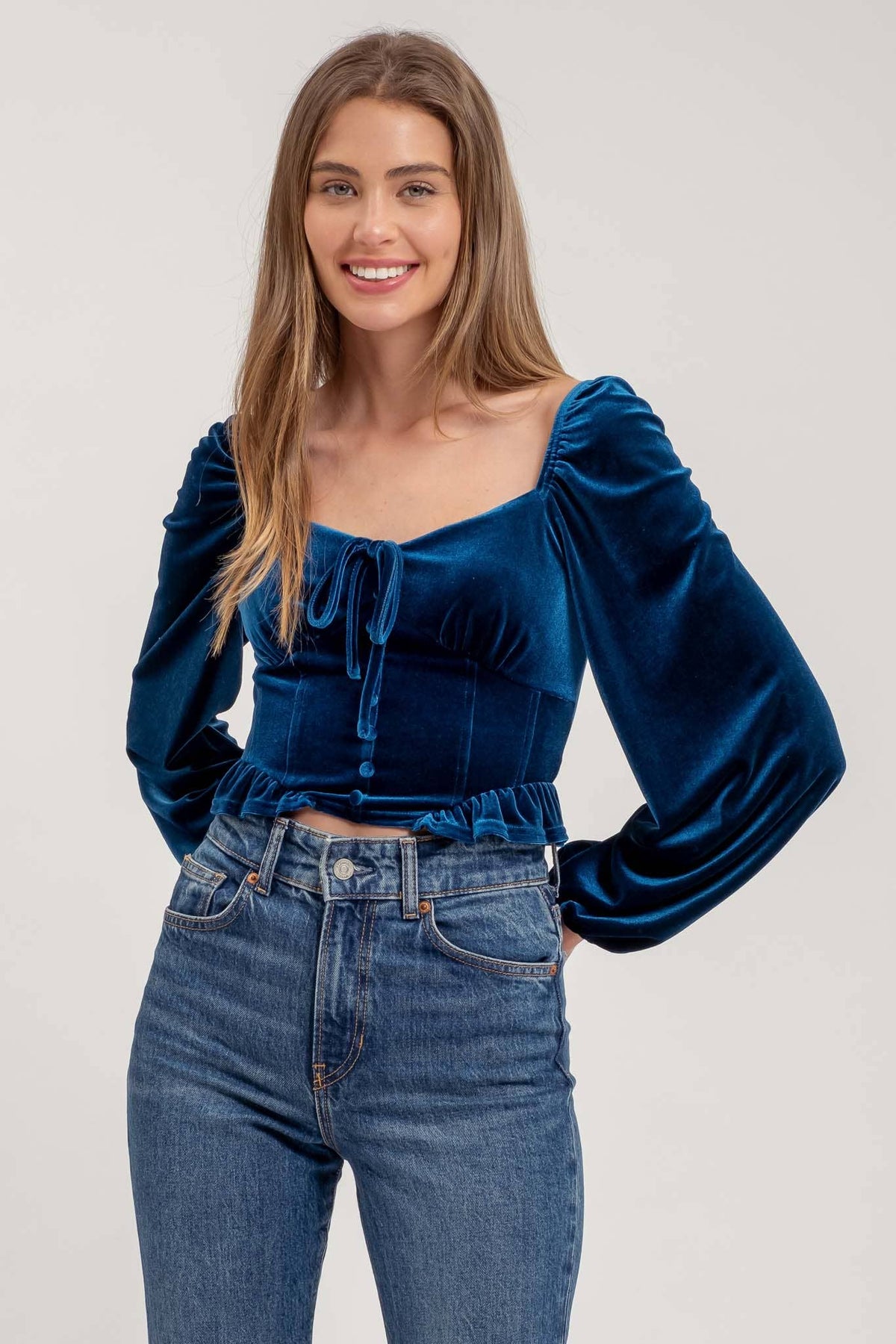 VELVET FRONT TIE BUTTON DOWN LONG SLEEVE CROP TOP: TEAL