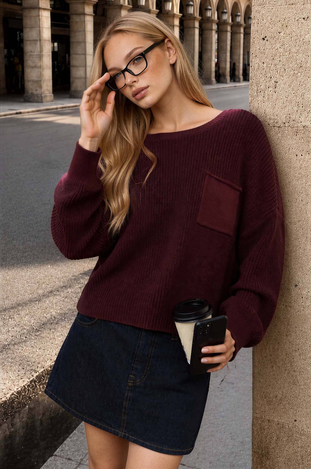 RAW EDGE CROPPED LONG SLEEVE KNIT SWEATER: BURGUNDY