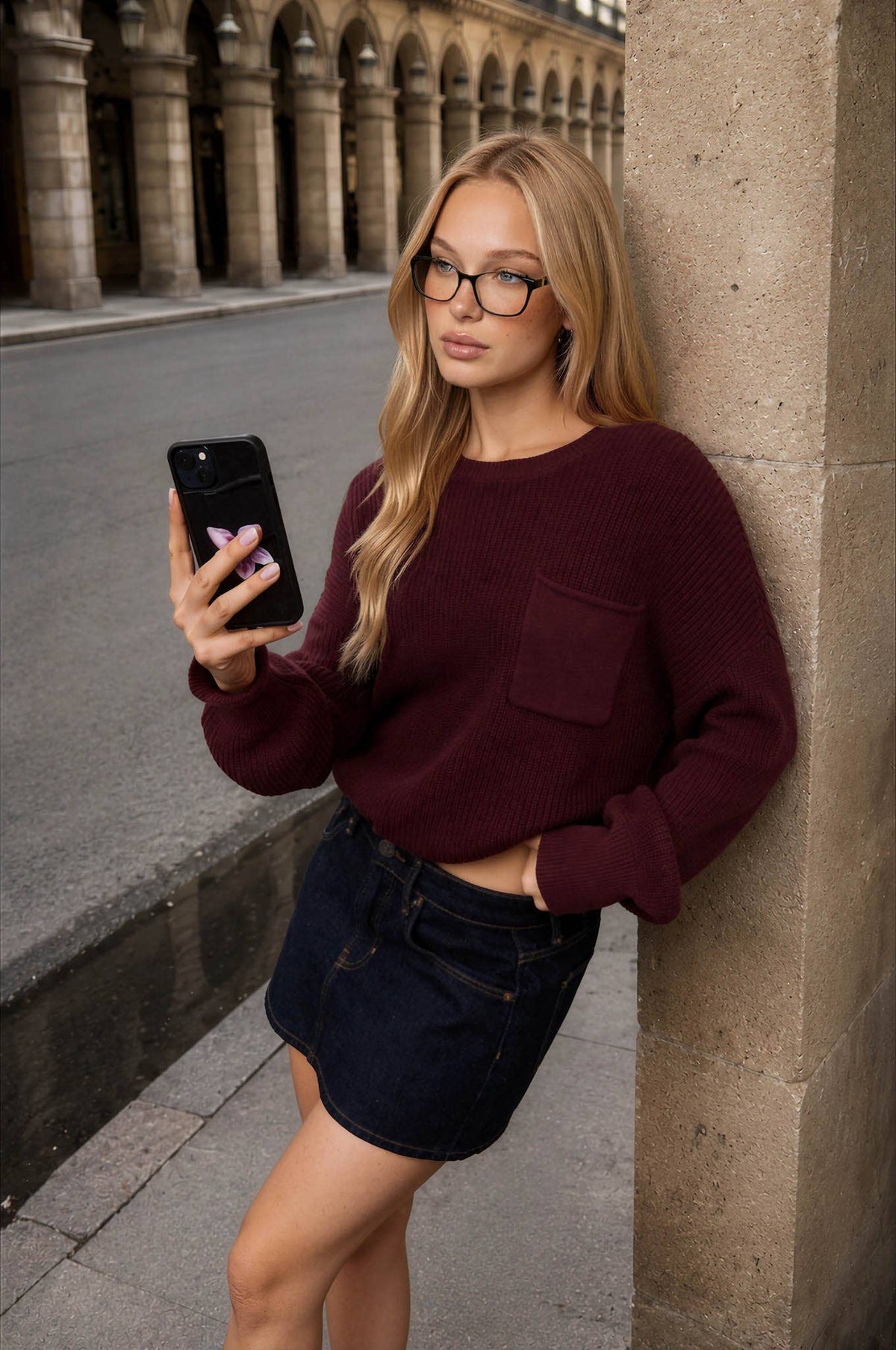 RAW EDGE CROPPED LONG SLEEVE KNIT SWEATER: BURGUNDY