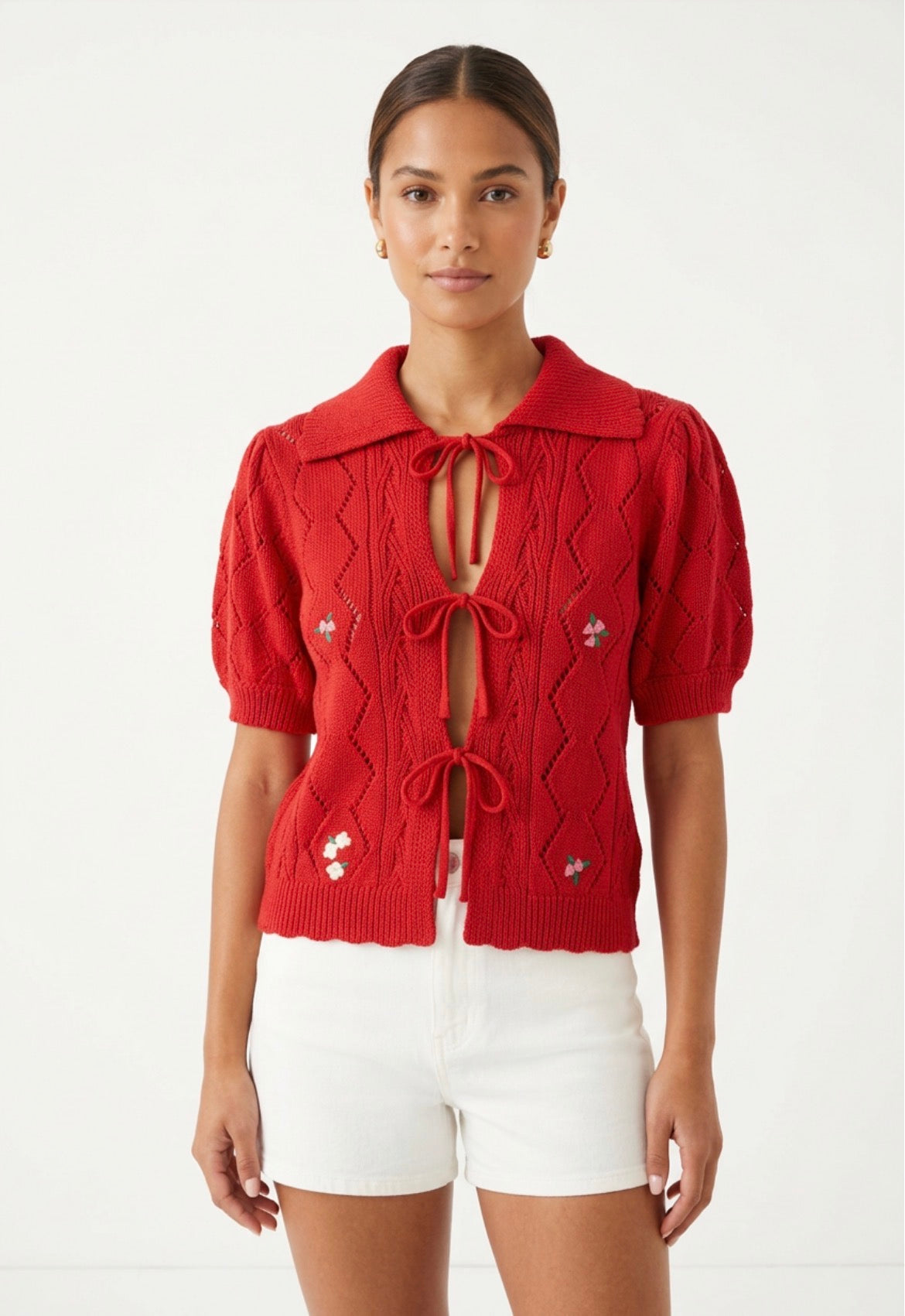 Floral Embroidery crochet Knit Front Tie Sweater