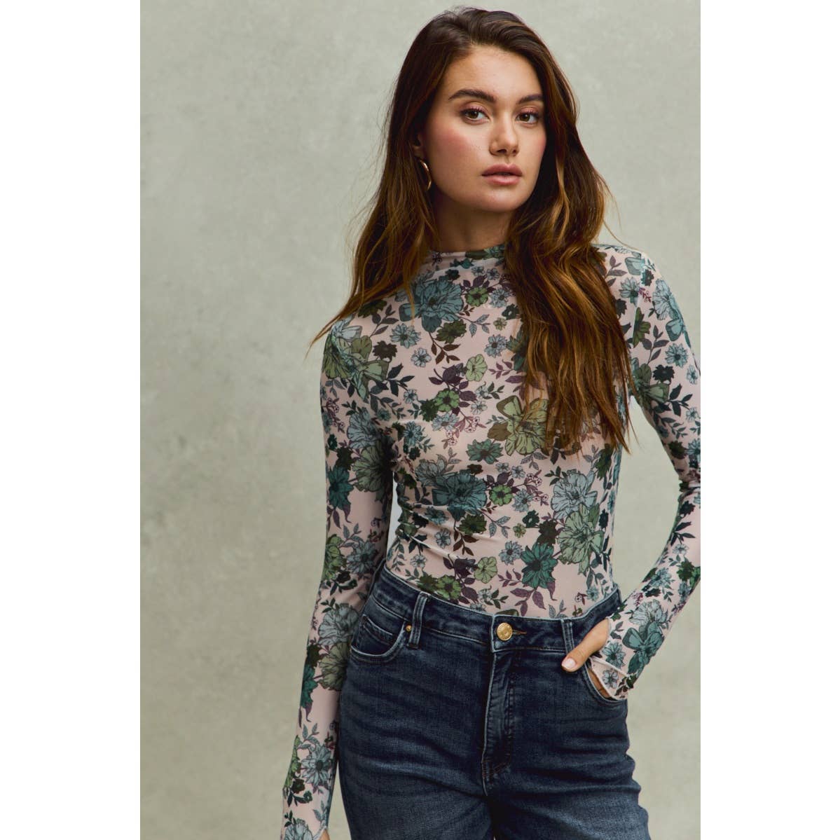 FLORAL PRINT MESH KNIT LONG SLEEVES TOP: OLIVE THYME / S