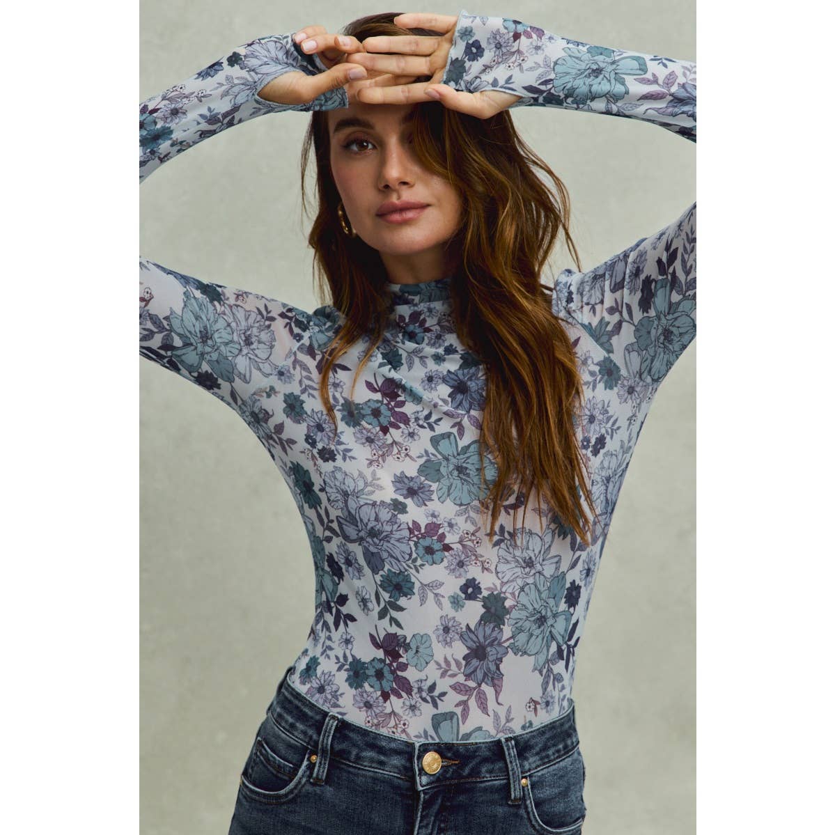 FLORAL PRINT MESH KNIT LONG SLEEVES TOP: OLIVE THYME / S