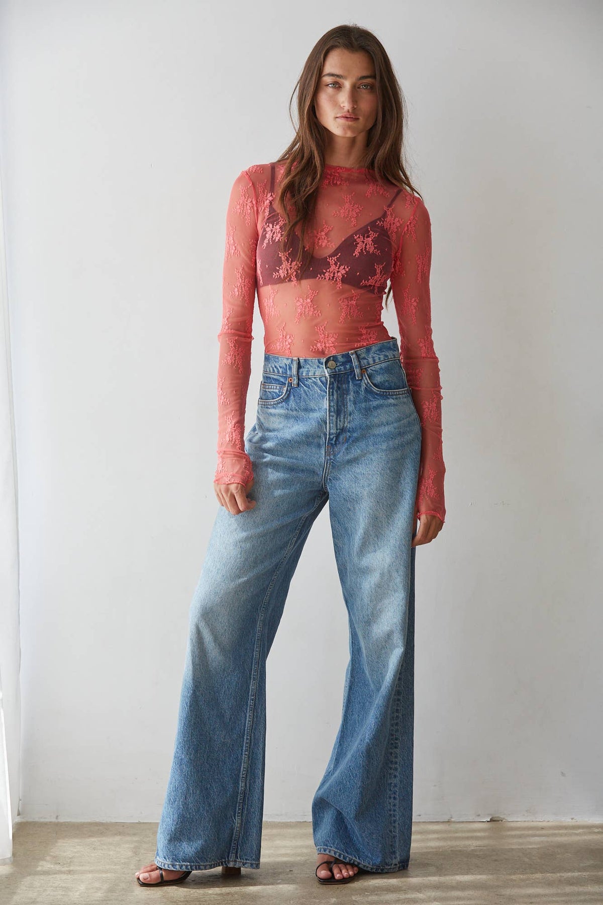 Knit Jacquard Lace Long Sleeve Mock Neck Top: Wine / L