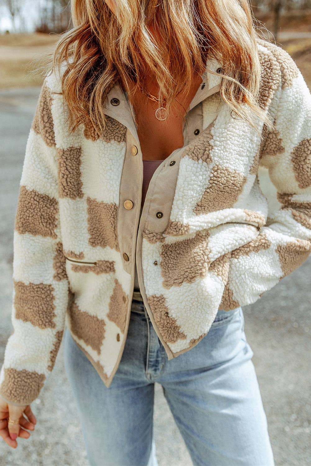 Brown Checked Snap Button Sherpa Jacket: Brown