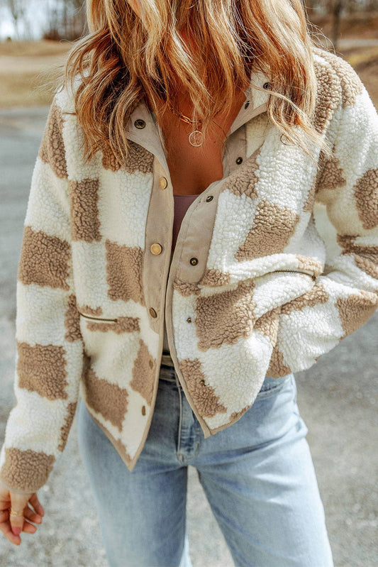Brown Checked Snap Button Sherpa Jacket: Brown